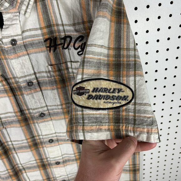 Harley Davidson Motorcycle Biker Mechanic Shirt Medium Plaid Cream Orange Linen‎ - Picture 3 of 6